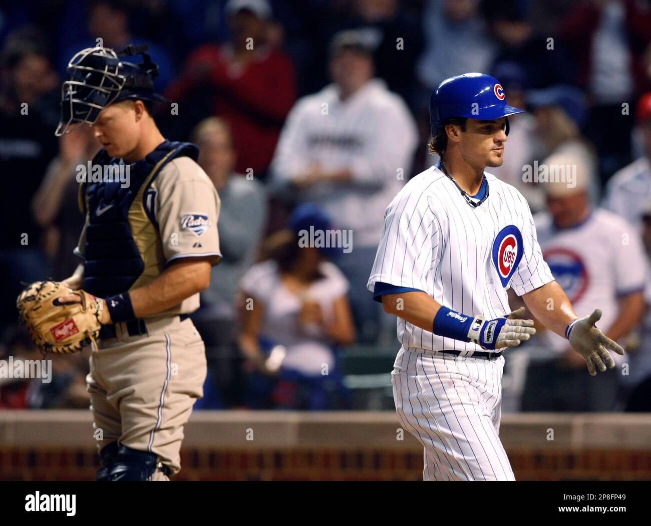 San Diego Padres catcher Nick Hundley looks down as Chicago Cubs' Ryan ...
