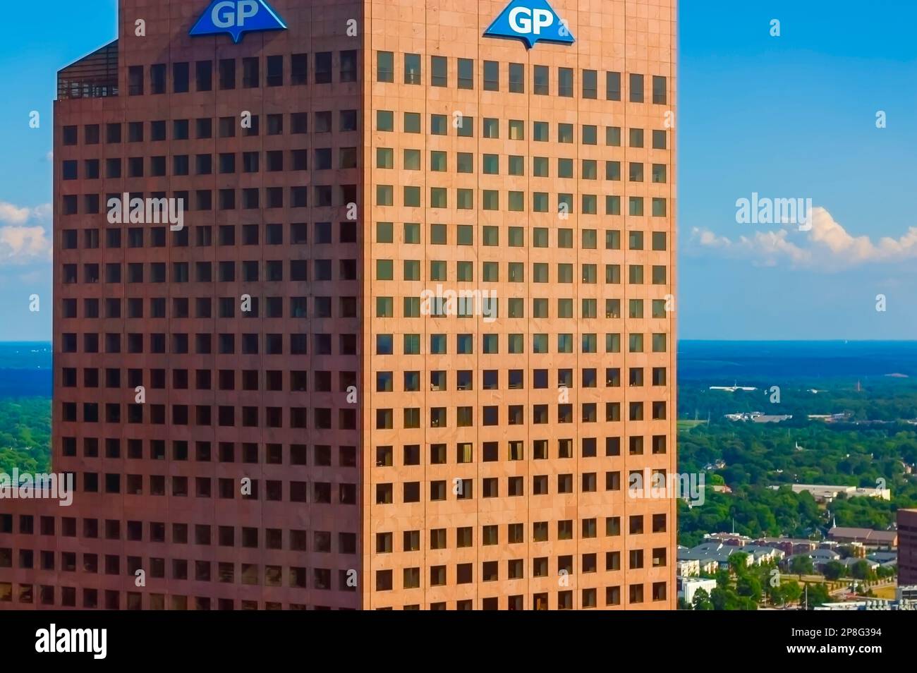 The top section of the Georgia-Pacific Tower located in 133 Peachtree St. in Atlanta, GA, as seen from the Westin Peachtree Plaza Hotel. Stock Photo