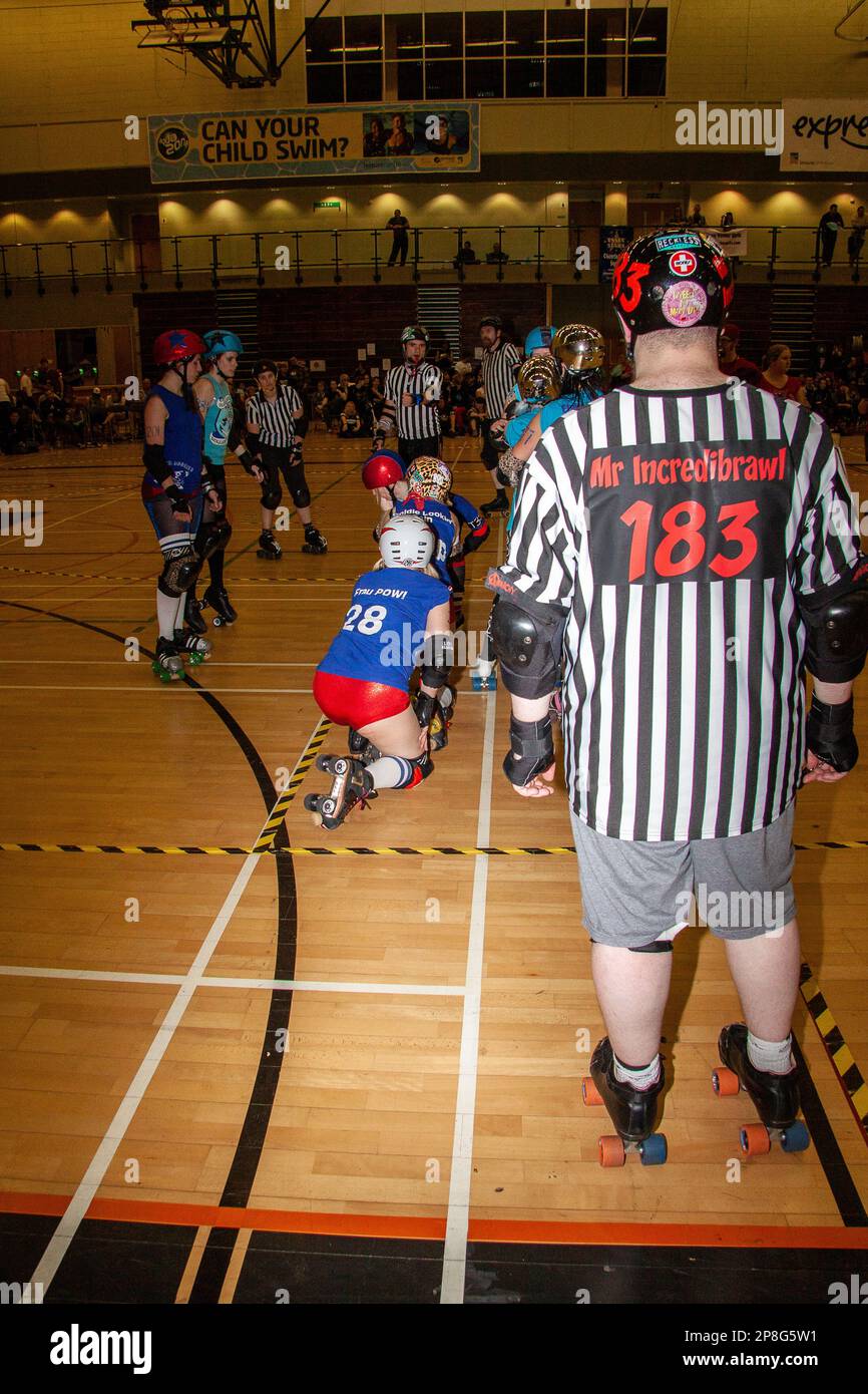 Referee Mr Incredibrawl waits for the now defunct two whistle start of