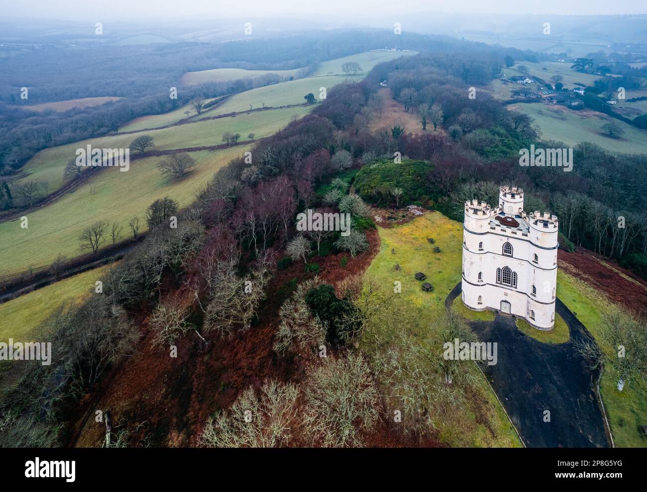 Misty morning over Haldon Belvedere from a drone, Lawrence Castle