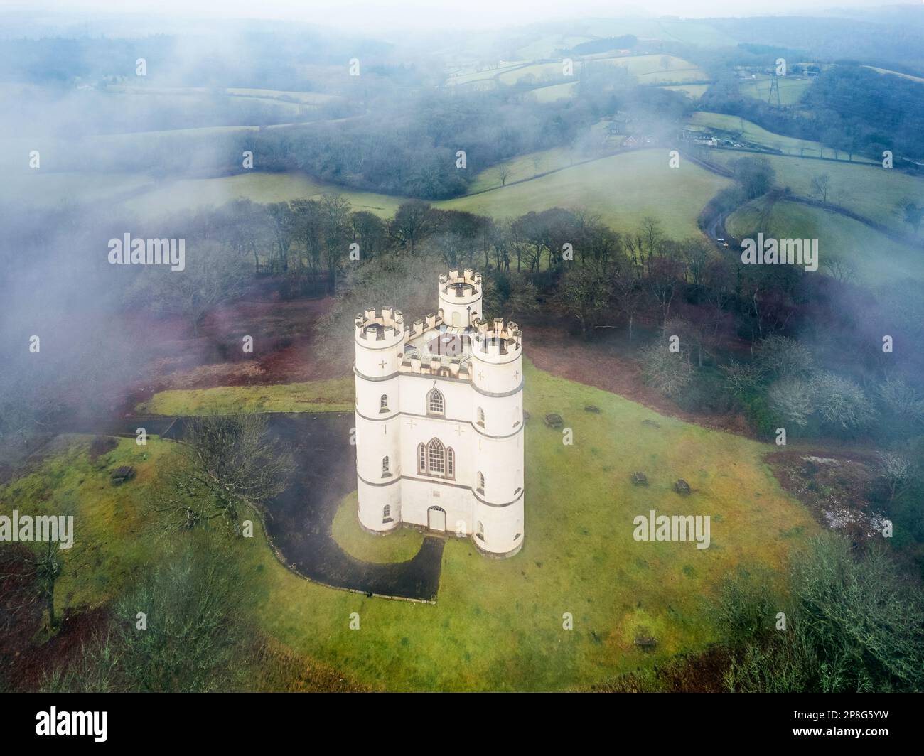 Misty morning over Haldon Belvedere from a drone, Lawrence Castle