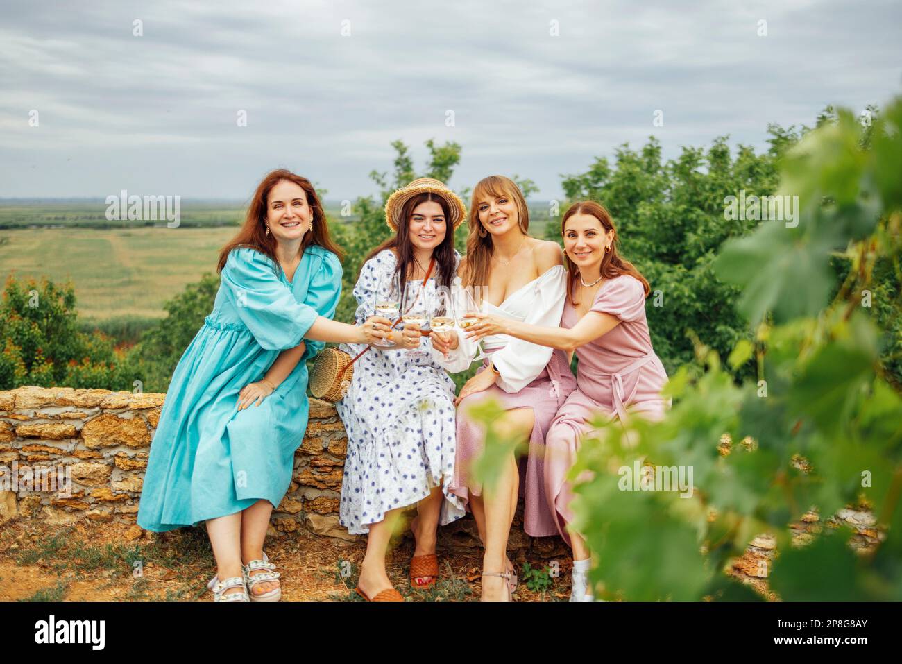 Young caucasian women making a celebratory toast with sparkling wine. Female friends elegant dresses holding glasses of champagne in the vineyard. Tra Stock Photo