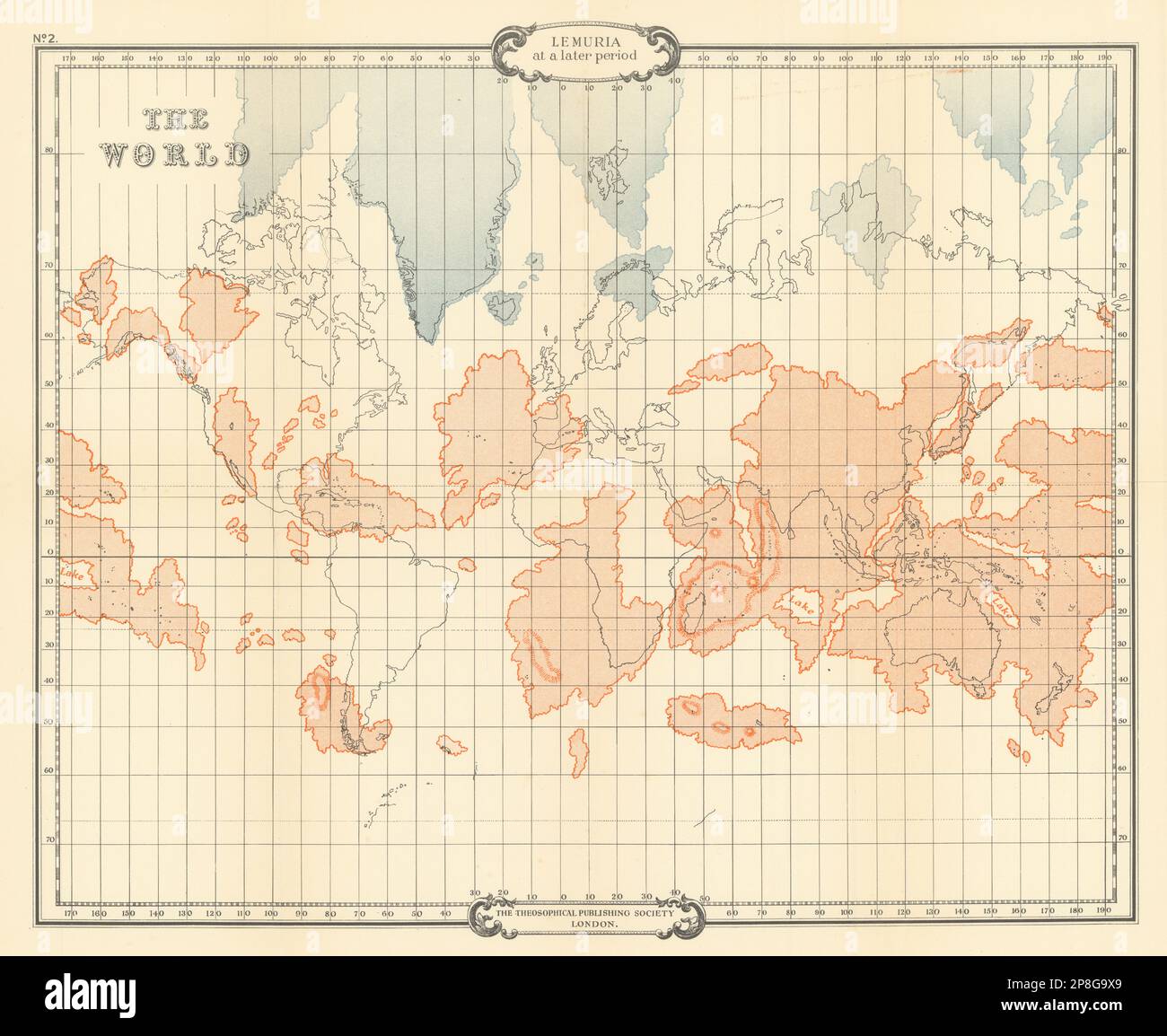 The World showing Lemuria at a later period. SCOTT-ELLIOT 1925 old vintage map Stock Photo