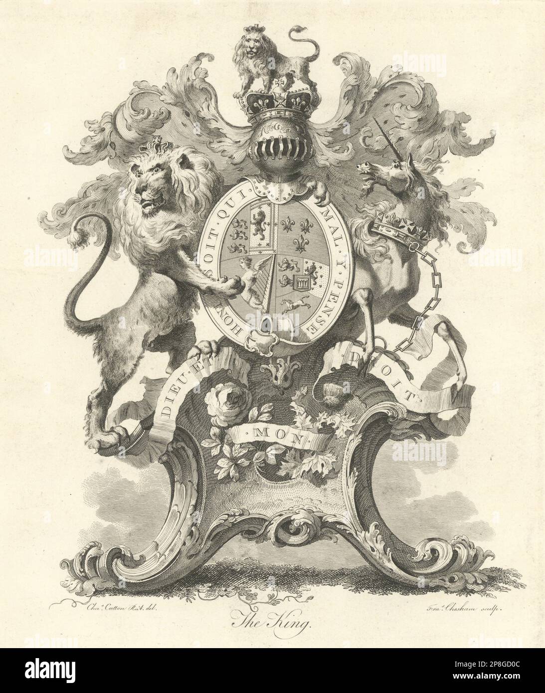 The King. British Royal coat of arms & motto. Honi Soit qui mal y pense 1790 Stock Photo