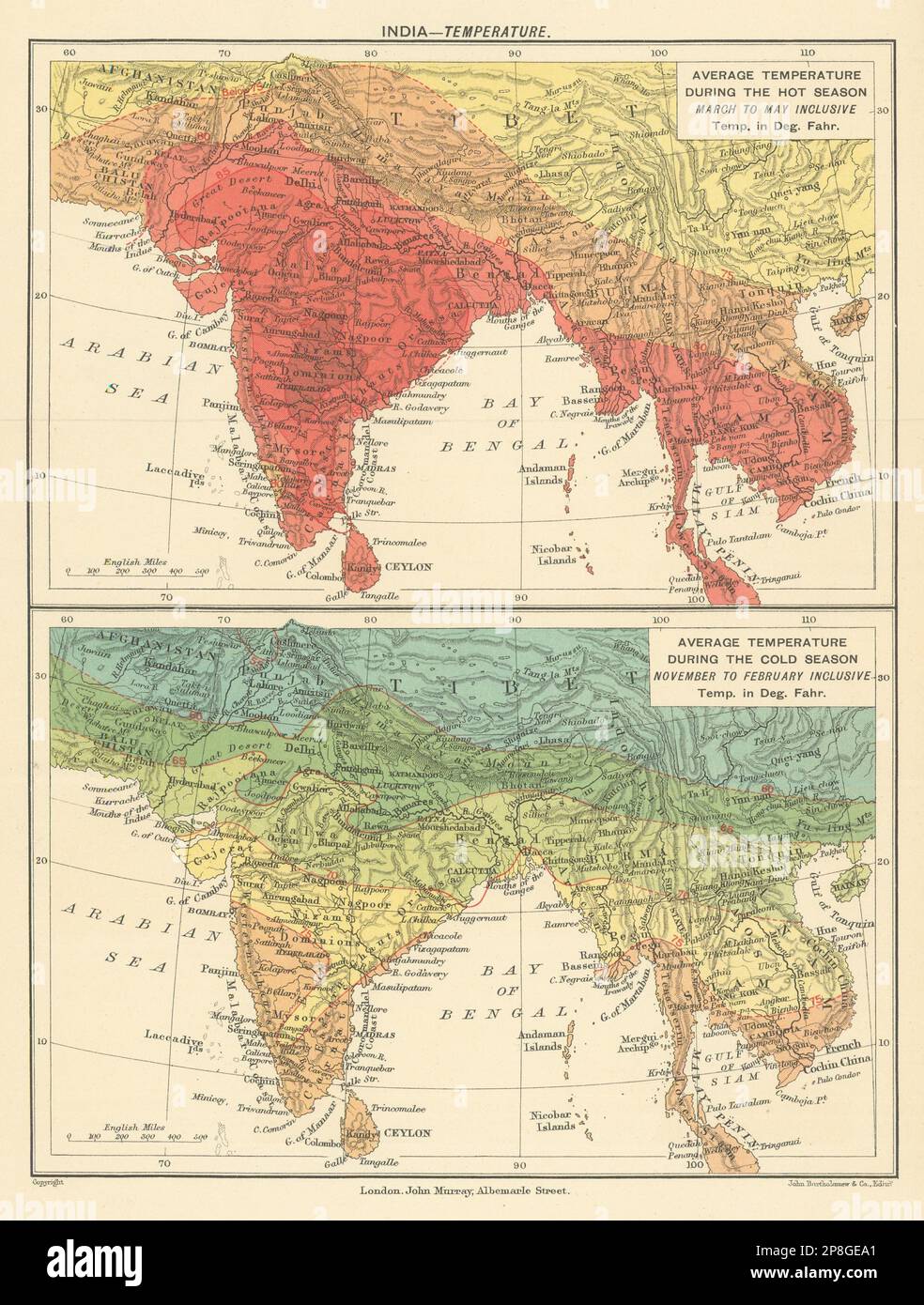 INDIA. average Temperature during Monsoon & dry seasons. Isotherms 1905 map Stock Photo