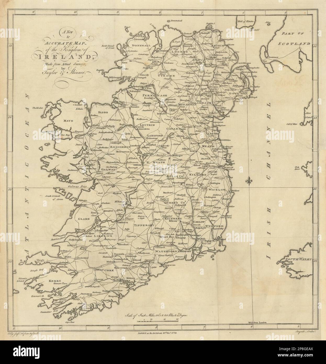 A New & Accurate Map of the Kingdom of Ireland, by Taylor & Skinner 1778 Stock Photo