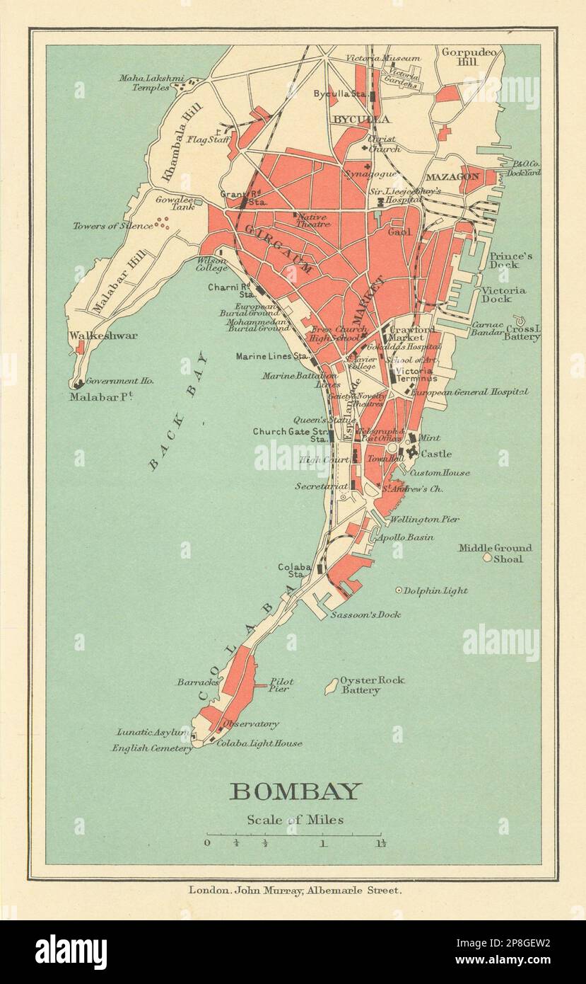 BRITISH INDIA. Bombay (Mumbai) city plan.Key buildings docks Gymkhanas 1905 map Stock Photo