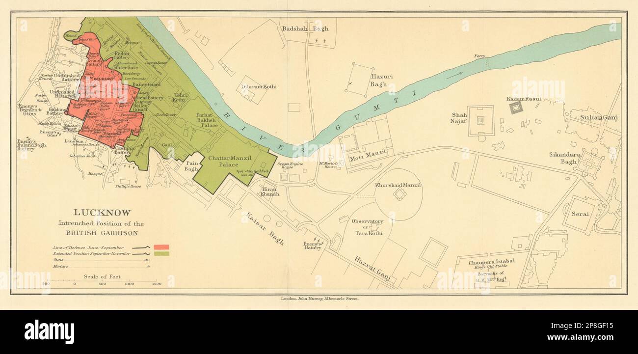 SIEGE OF LUCKNOW.showing British Garrison positions.1857 Indian Mutiny 1905 map Stock Photo