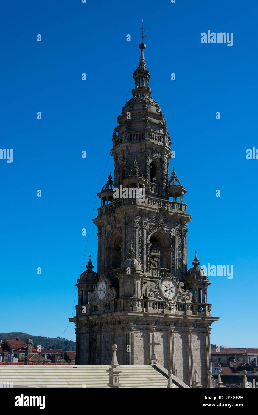 Santiago de Compostela, Galicia. Spain. February 5, 2023. View of Santiago de Compostela Cathedral roofs and Clock Tower Stock Photo