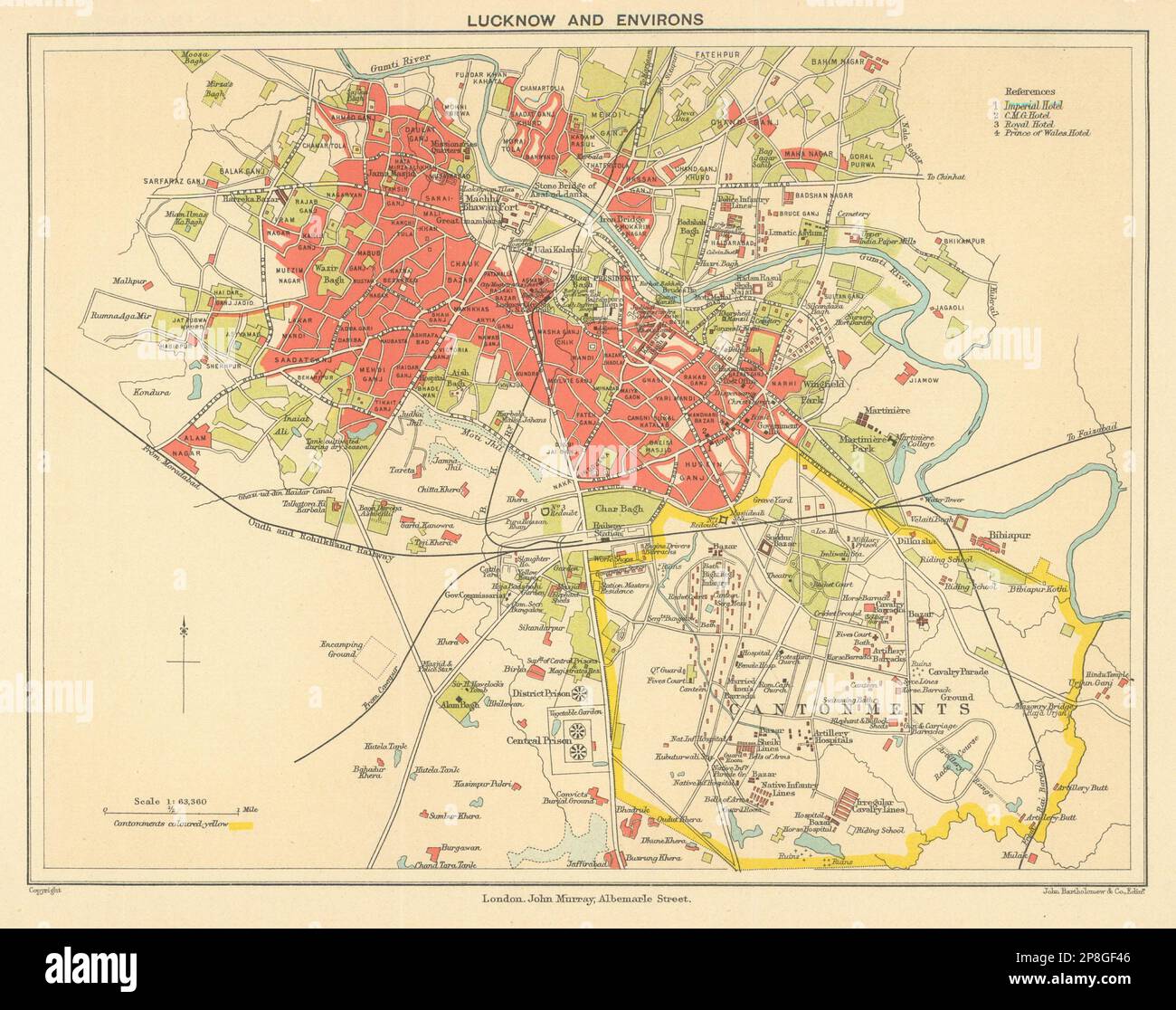 BRITISH INDIA. Lucknow city plan showing cantonment 1905 old antique map chart Stock Photo