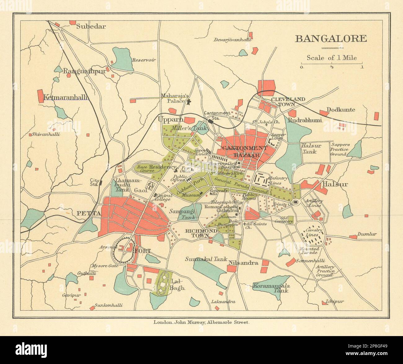 BRITISH INDIA. Bangalore (Bengaluru) city plan.Petta.Cantonment bazaar 1905 map Stock Photo