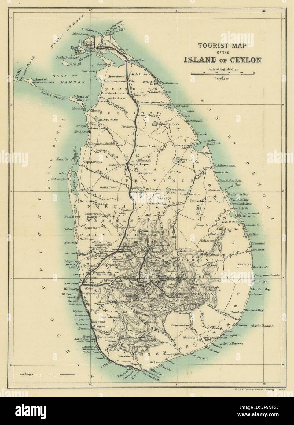 Tourist map of the island of Ceylon. Sri Lanka. British India 1905 old Stock Photo