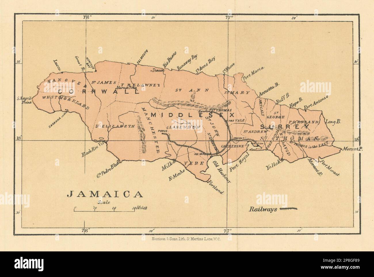 Jamaica Counties Parishes Railways WASHINGTON EVES 1889 Old   Jamaica Counties Parishes Railways Washington Eves 1889 Old Antique Map 2P8GF89 