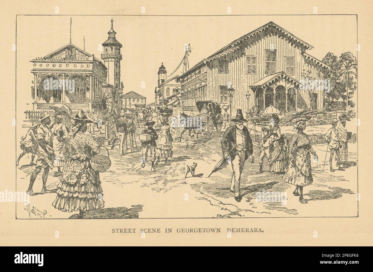 Street scene in Georgetown, Demerara, Guyana. British Guiana 1889 old print Stock Photo