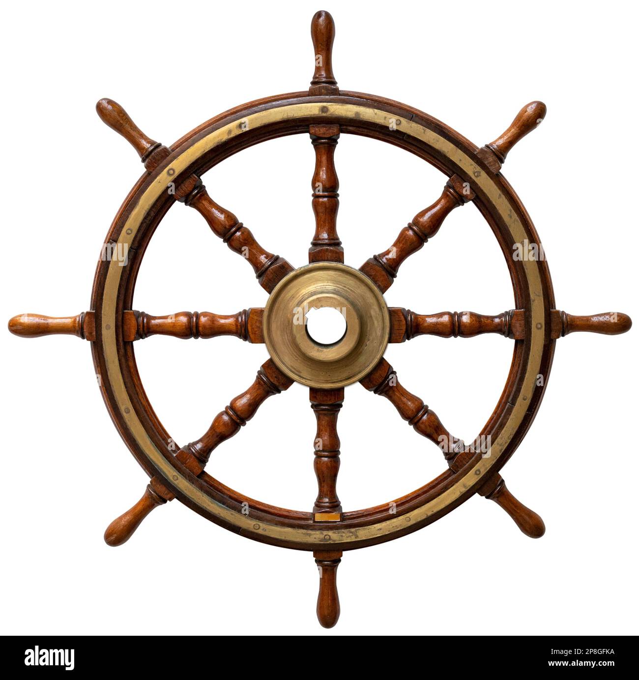 Old ship wooden steering wheel rudder isolated on white background Stock Photo