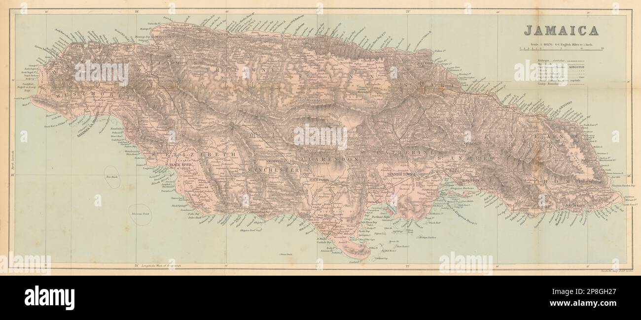 Jamaica. Counties and parishes. Railways. STANFORD / WASHINGTON EVES 1897 map Stock Photo