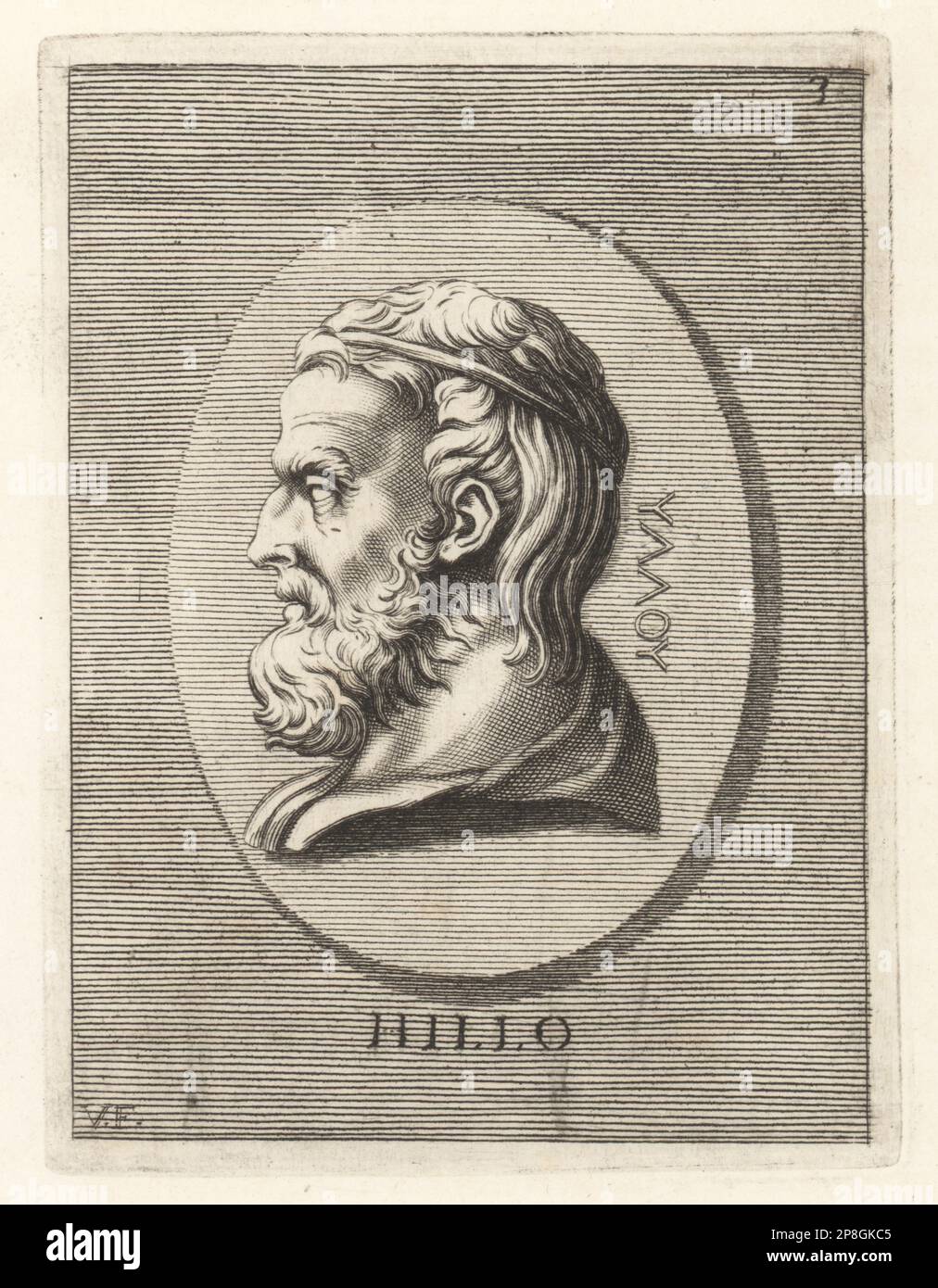 Hyllas, or Hyllus, in Greek myth, he was son of Heracles and Deianira, husband of Iole, and nursed by Abia. Head of a bearded man. Hillo. Copperplate engraving by Guillaume Vallet after Giovanni Angelo Canini from Iconografia, cioe disegni d'imagini de famosissimi monarchi, regi, filososi, poeti ed oratori dell' Antichita, Drawings of images of famous monarchs, kings, philosophers, poets and orators of Antiquity, Ignatio de’Lazari, Rome, 1699. Stock Photo