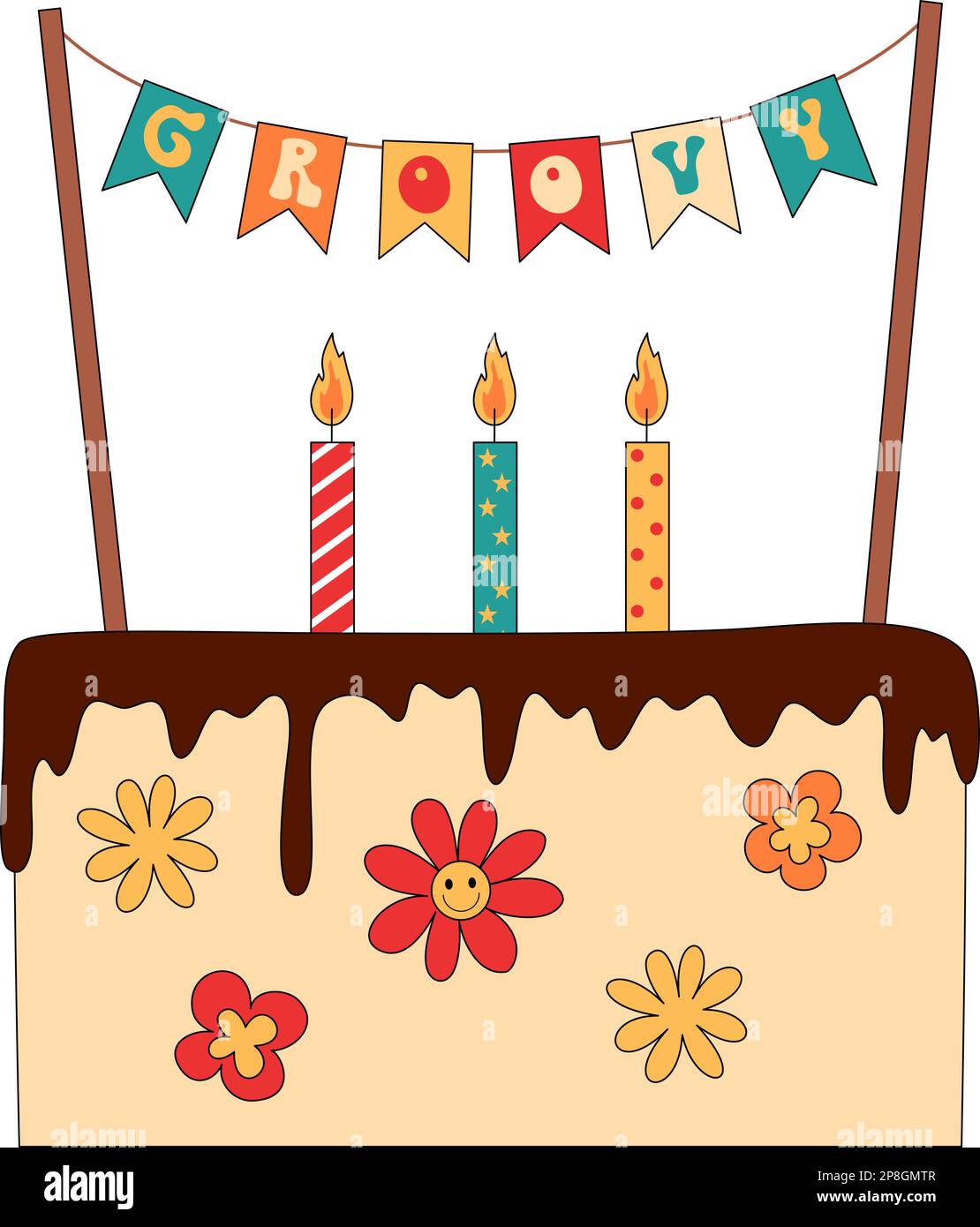 Retro groovy style birthday cake Stock Vector