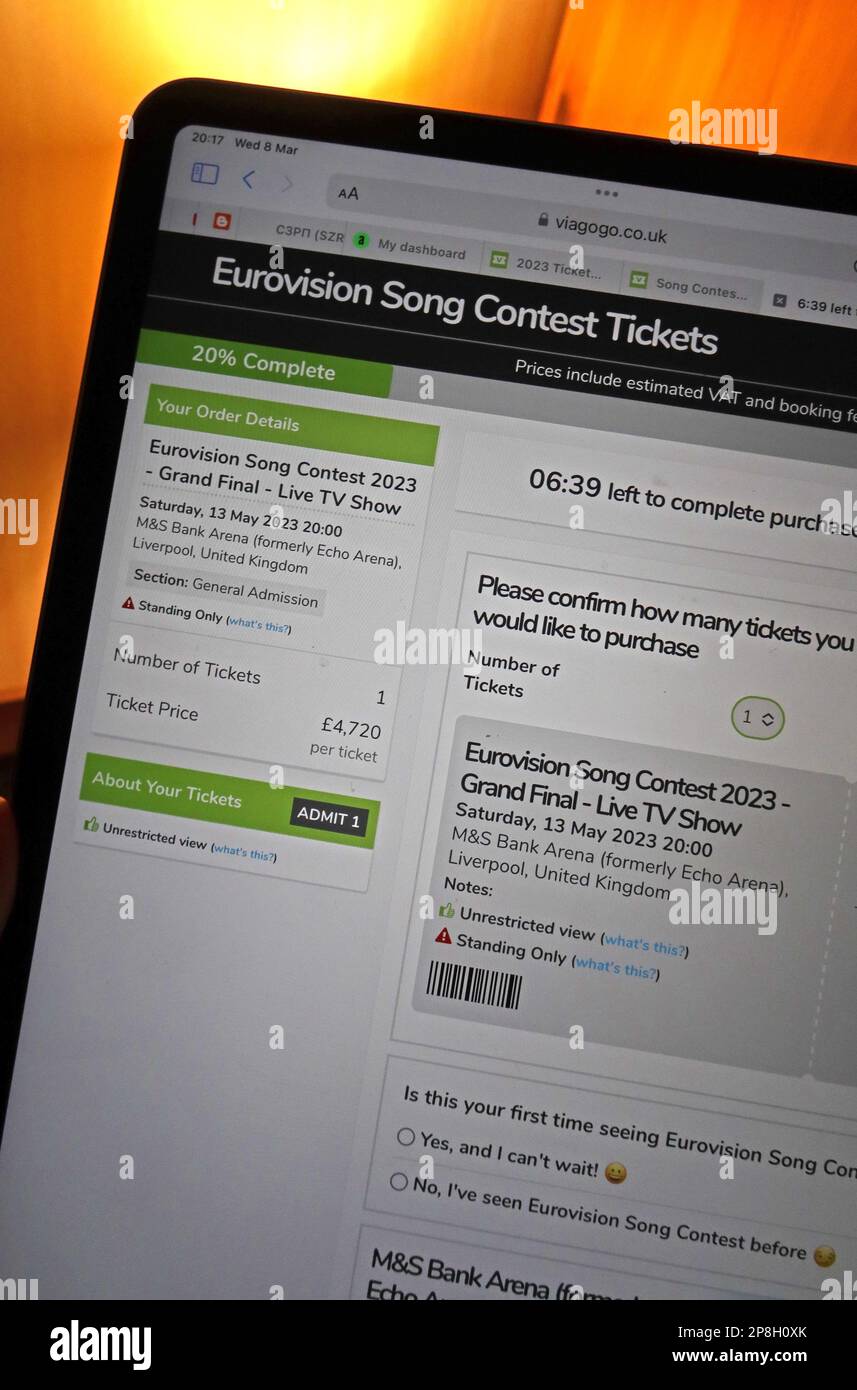 Outcry that tickets for Eurovision 2023 final in Liverpool, being sold on Viagogo secondary marketplace, £300 tickets being sold for £4,720 Stock Photo