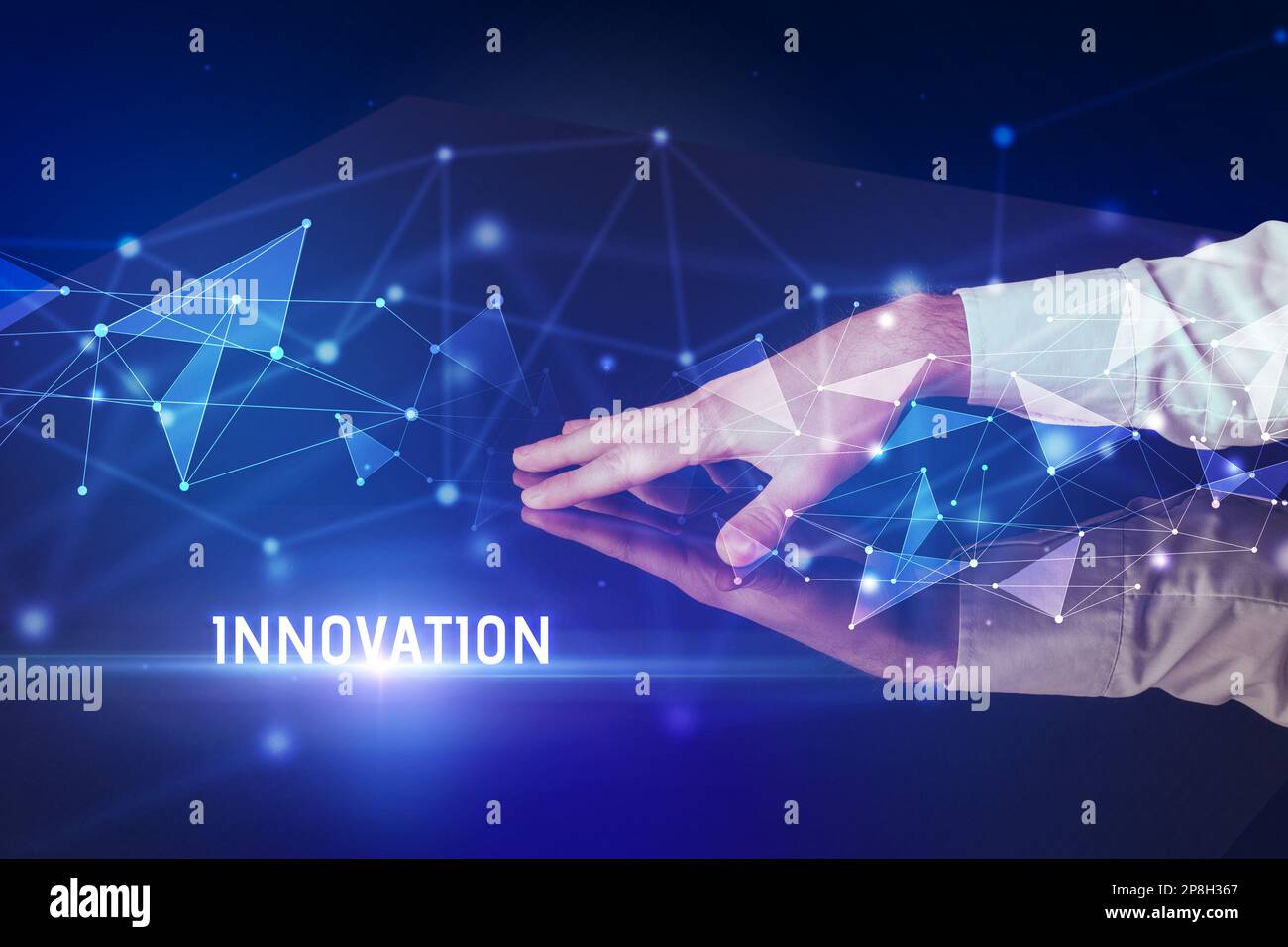 Businessman touching huge screen concept Stock Photo