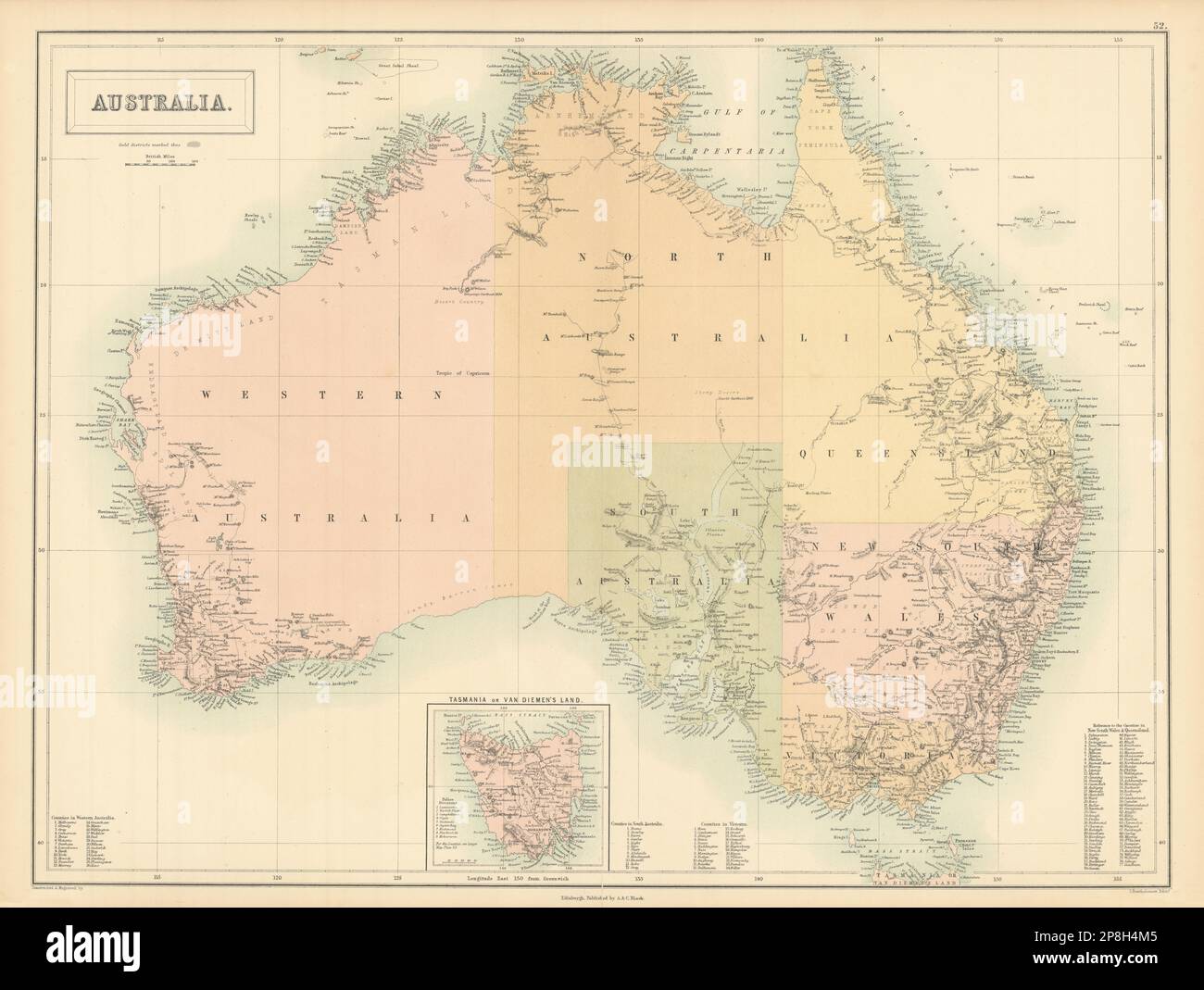 Australia. Sturt Stuart Austin Gregory explorers' routes. BARTHOLOMEW 1862 map Stock Photo