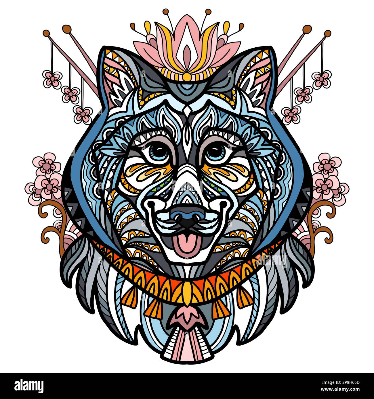 Abstract dog with decorative ornaments and doodle elements. Close up ...