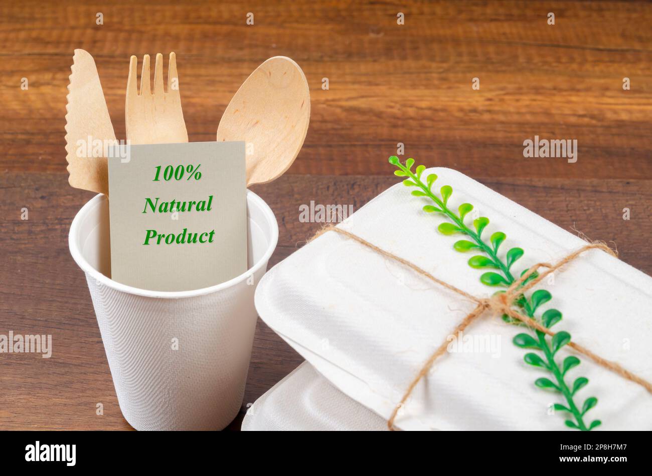 100% natural product with unbleached plant fiber food box and paper coffee cup. Natural fiber eco food and drink packaging. Stock Photo