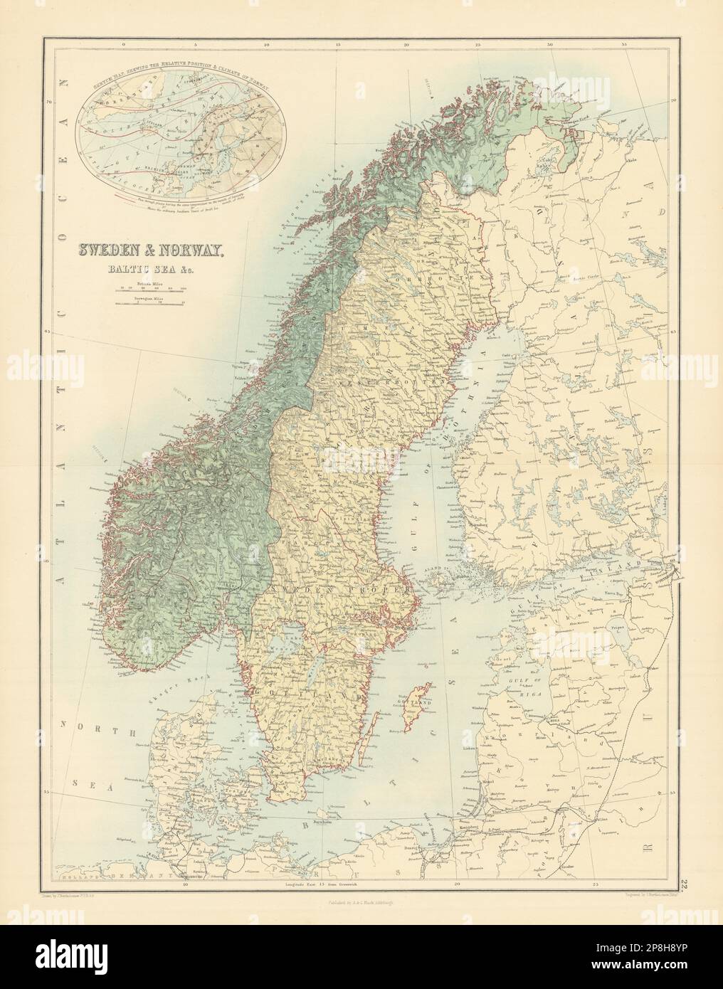 Sweden, Norway & the Baltic Sea. Scandinavia. BARTHOLOMEW 1862 old antique map Stock Photo