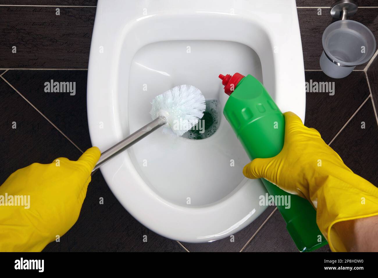 Cleaning the toilet with a brush and disinfectant. Cleaning and