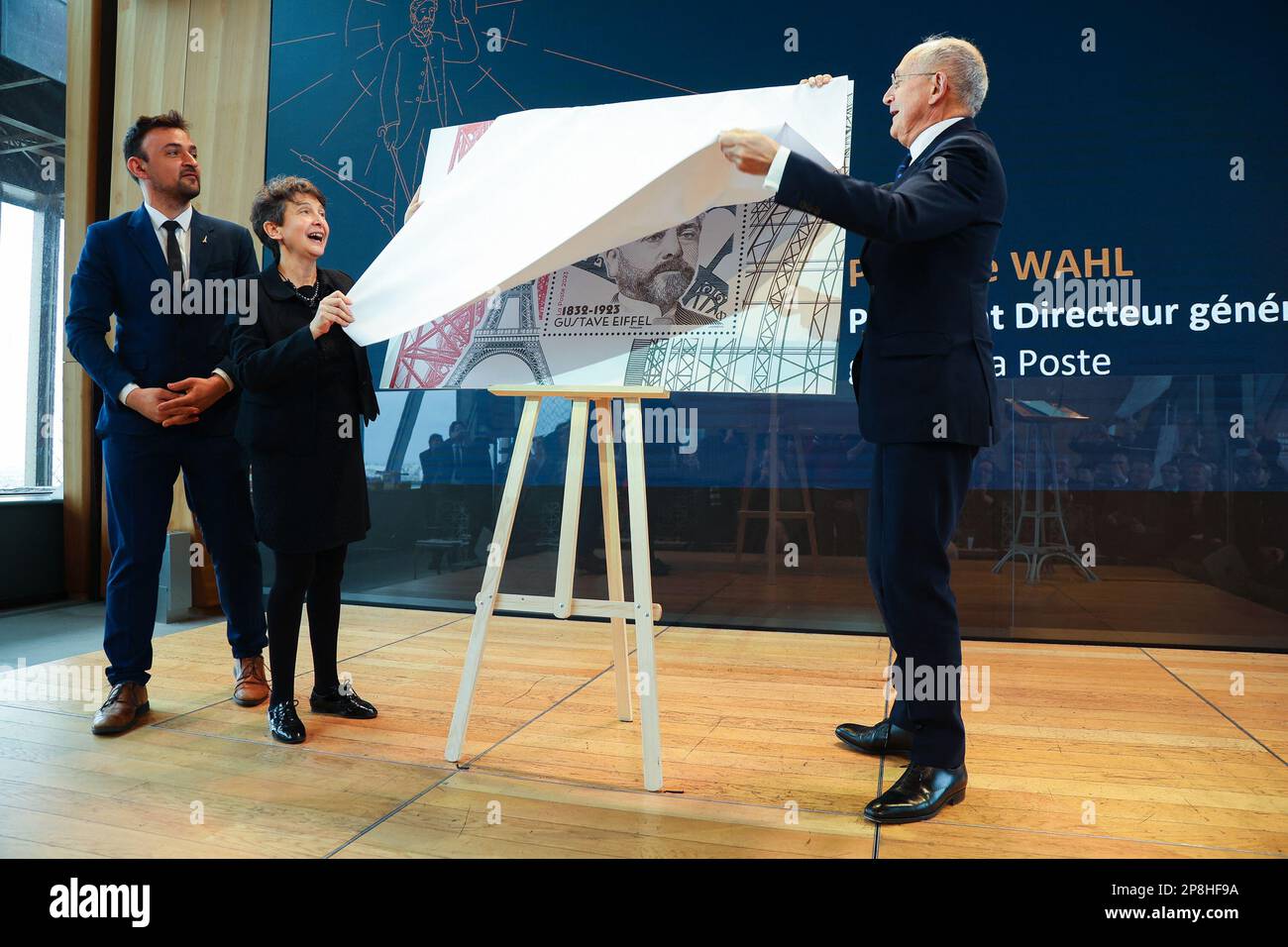 Paris, France. 09th Mar, 2023. Jean-Francois Martins - President of SETE, Myriam Larnaudie-Eiffel - president of ADGE and Philippe Wahl - CEO of the La Poste group attends the presentation of the programs of the Eiffel Tower operating company (SETE), of the association of descendants of Gustave Eiffel (ADGE) and unveiling of the commemorative postage stamp on March 09, 2023 in Paris, France. Photo by Nasser Berzane/ABACAPRESS.COM Credit: Abaca Press/Alamy Live News Stock Photo