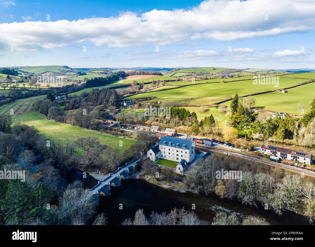 English Village from a drone - Staverton, Totnes, Devon, England, Europe Stock Photo