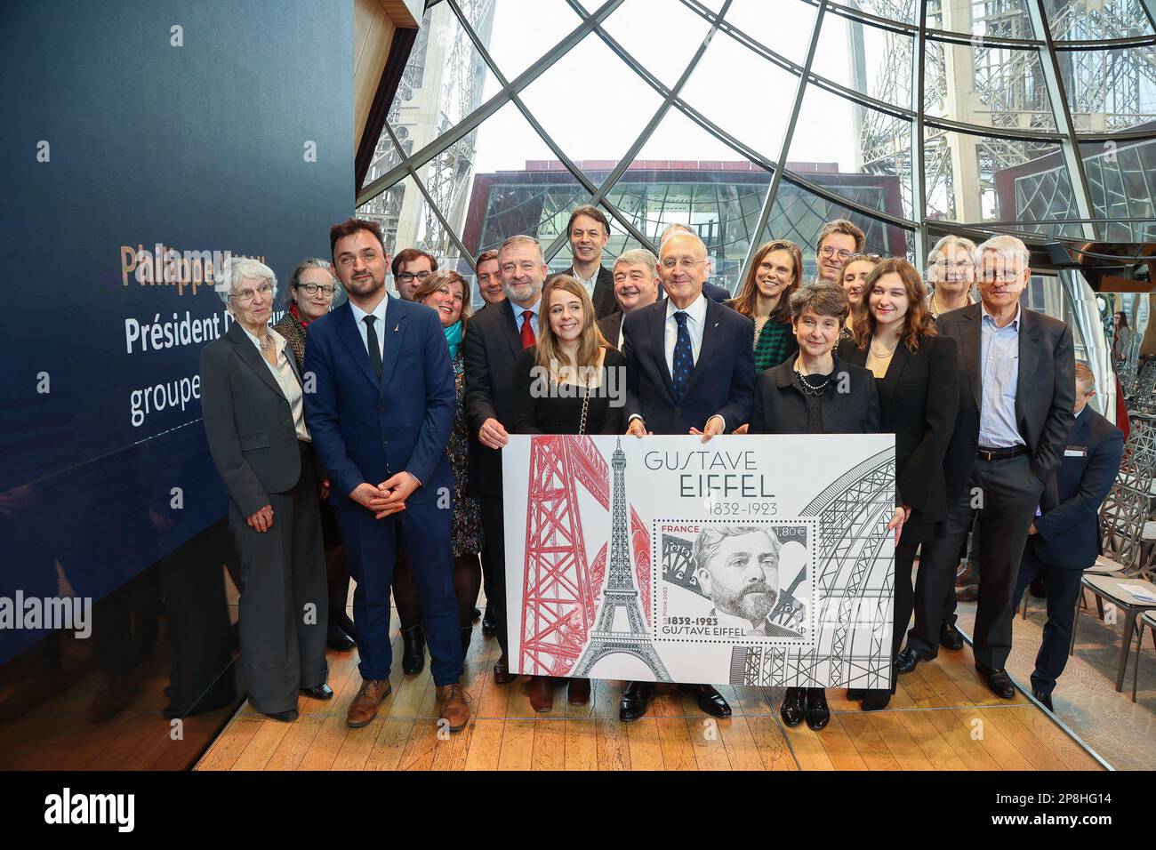 Paris, France. 09th Mar, 2023. Gustave Eiffel descendants, Jean-Francois Martins - President of SETE, Myriam Larnaudie-Eiffel - president of ADGE and Philippe Wahl - CEO of the La Poste group attends the presentation of the programs of the Eiffel Tower operating company (SETE), of the association of descendants of Gustave Eiffel (ADGE) and unveiling of the commemorative postage stamp on March 09, 2023 in Paris, France. Photo by Nasser Berzane/ABACAPRESS.COM Credit: Abaca Press/Alamy Live News Stock Photo