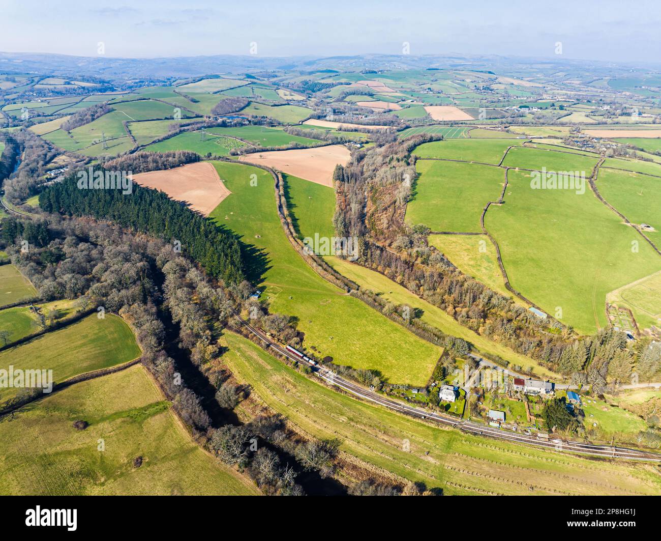 English Village from a drone - Staverton, Totnes, Devon, England, Europe Stock Photo