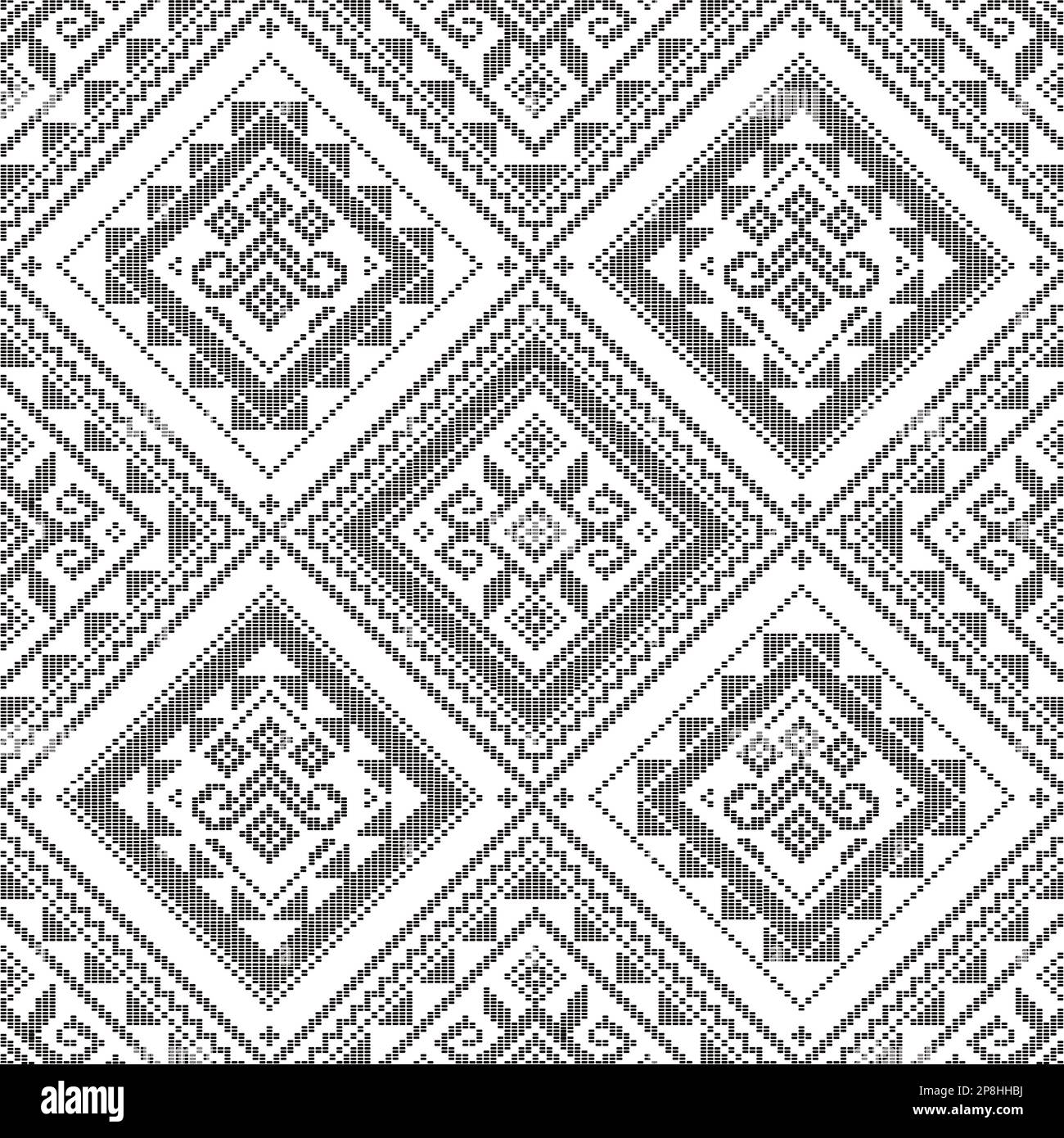 Filipino folk art Yakan cloth inspired vector seamless pattern, geometric textile or fabric print design from Philippines in black and white Stock Vector