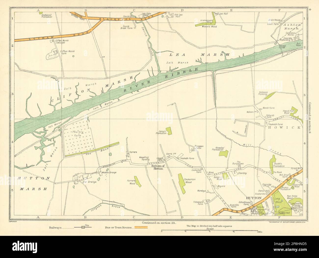 LANCS Clifton Marsh Lea Marsh Howick Hutton Hutton Marsh River Ribble 1935 map Stock Photo