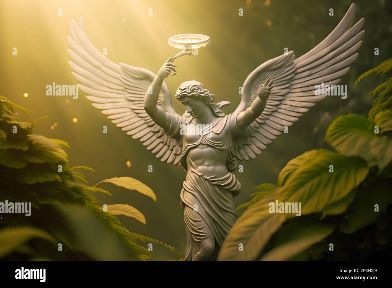 White marble statue of angel in garden. Neural network AI generated art