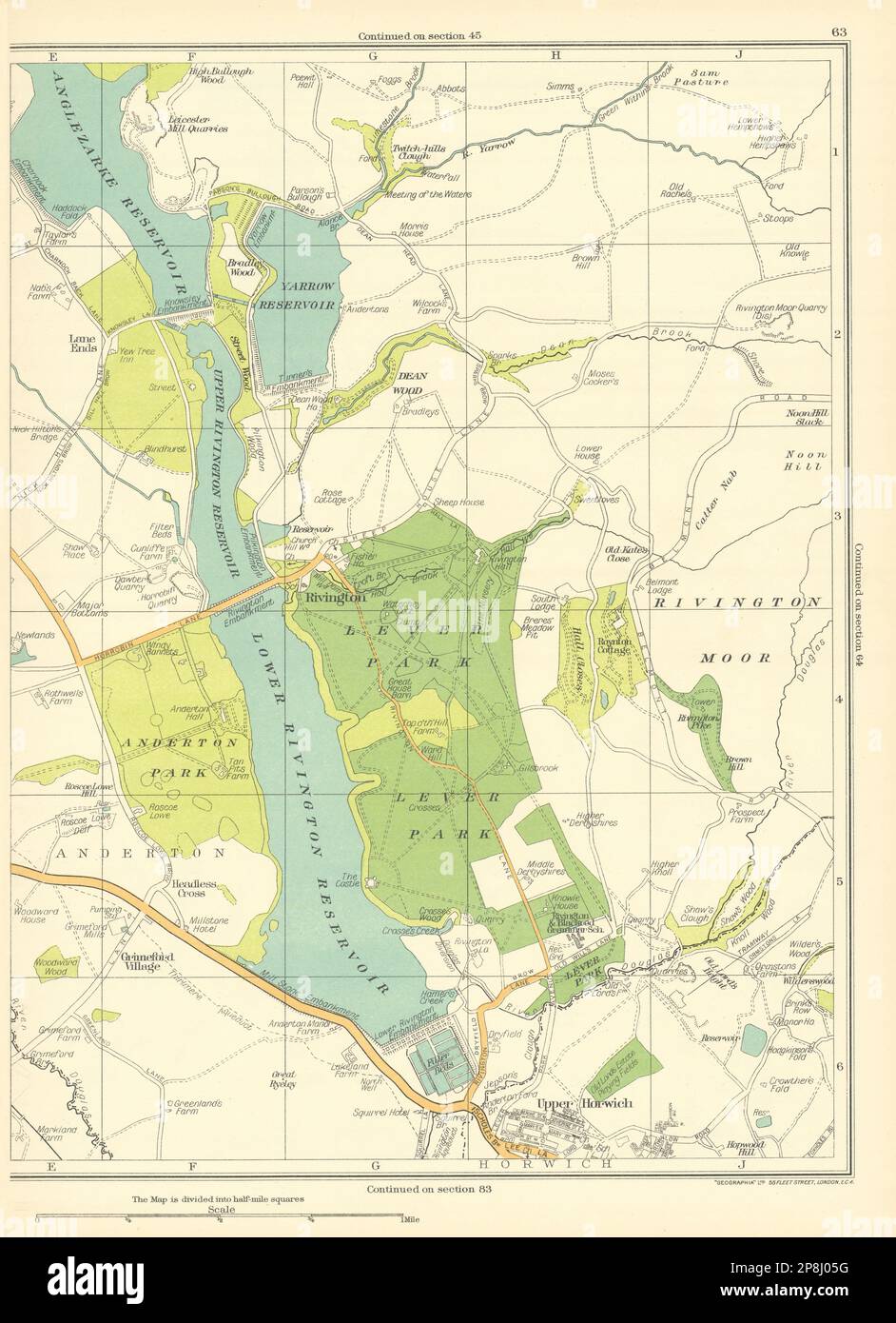 LANCASHIRE Upper Horwich Rivington Lever park Anderton Reservoir 1935 old map Stock Photo