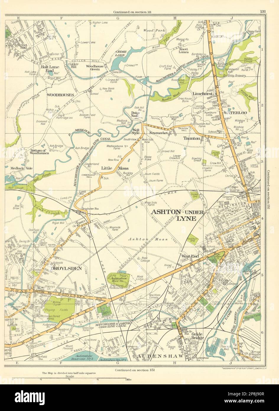 LANCASHIRE Ashton-under-Lyne Droylsden Audenshaw Taunton Waterloo 1935 old map Stock Photo