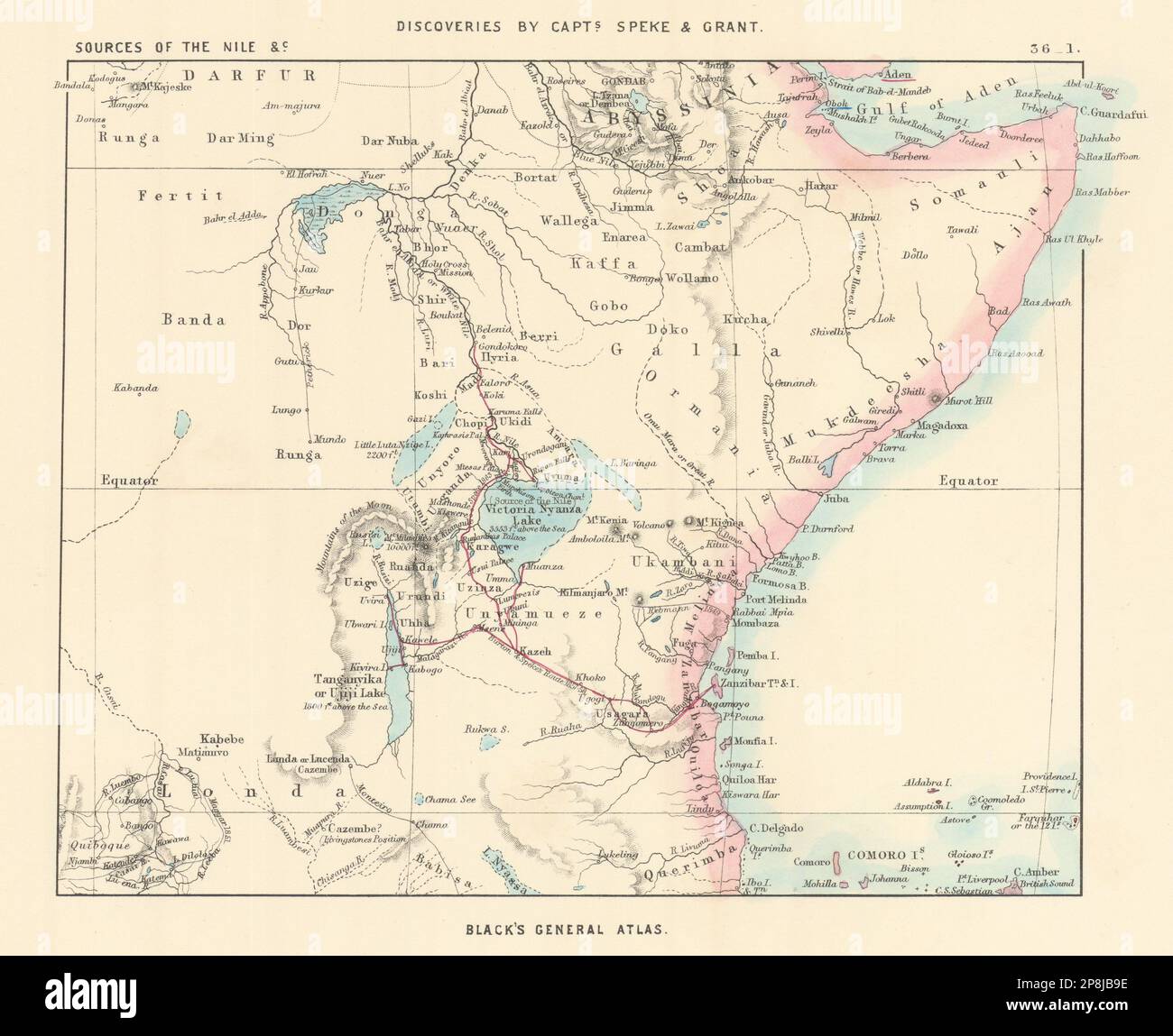 East Africa. Speke & Grant route. Lake Victoria. Source of the Nile 1862 map Stock Photo