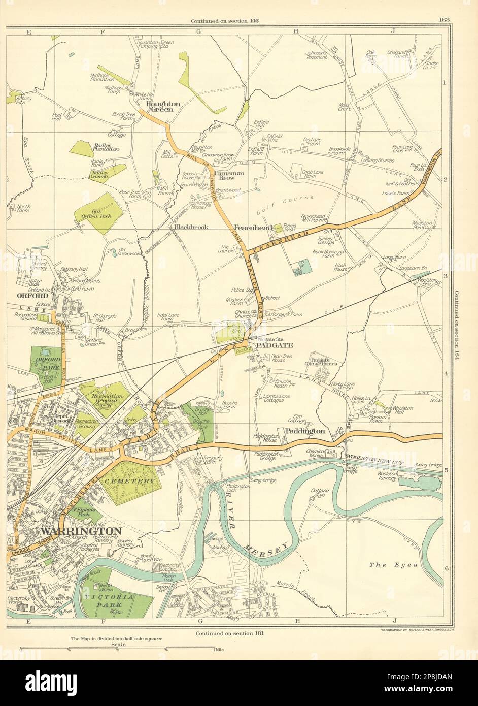 WARRINGTON Orford Padgate Paddington Fearnhead Houghton Green 1935 old map Stock Photo