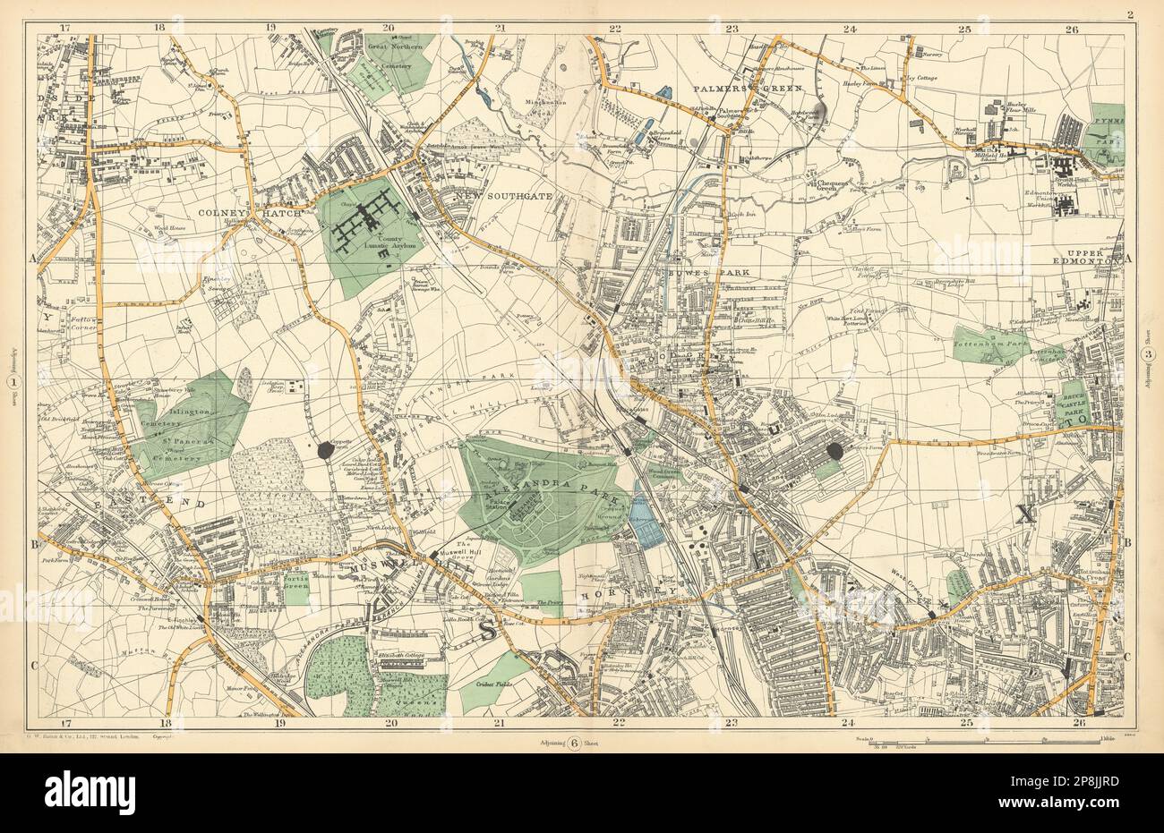 FRIERN BARNET/HORNSEY Palmers/Wood Green Southgate Muswell Hill. BACON  1900 map Stock Photo