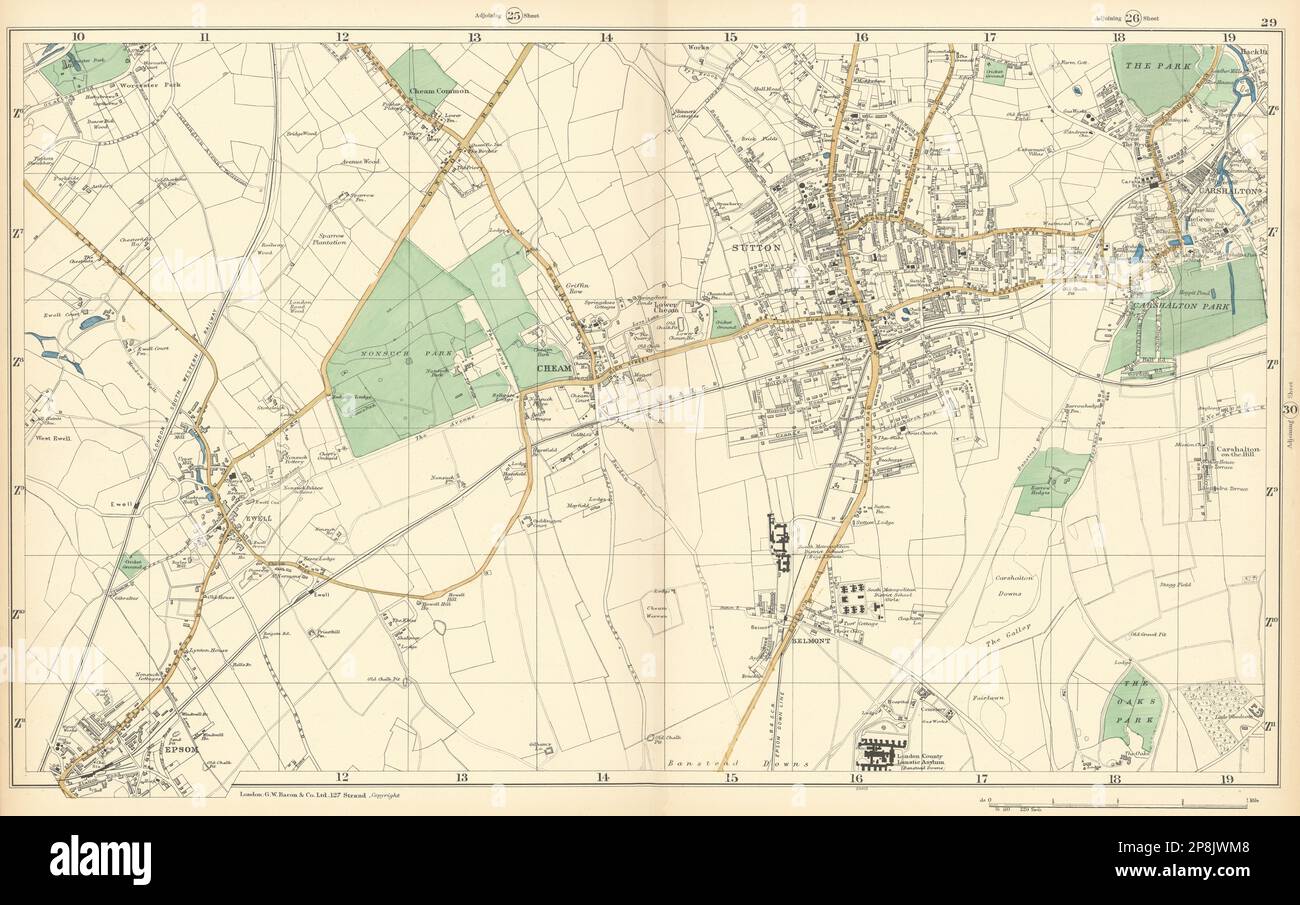 SUTTON Cheam Epsom Belmont Carshalton Ewell Banstead Downs. BACON  1900 map Stock Photo