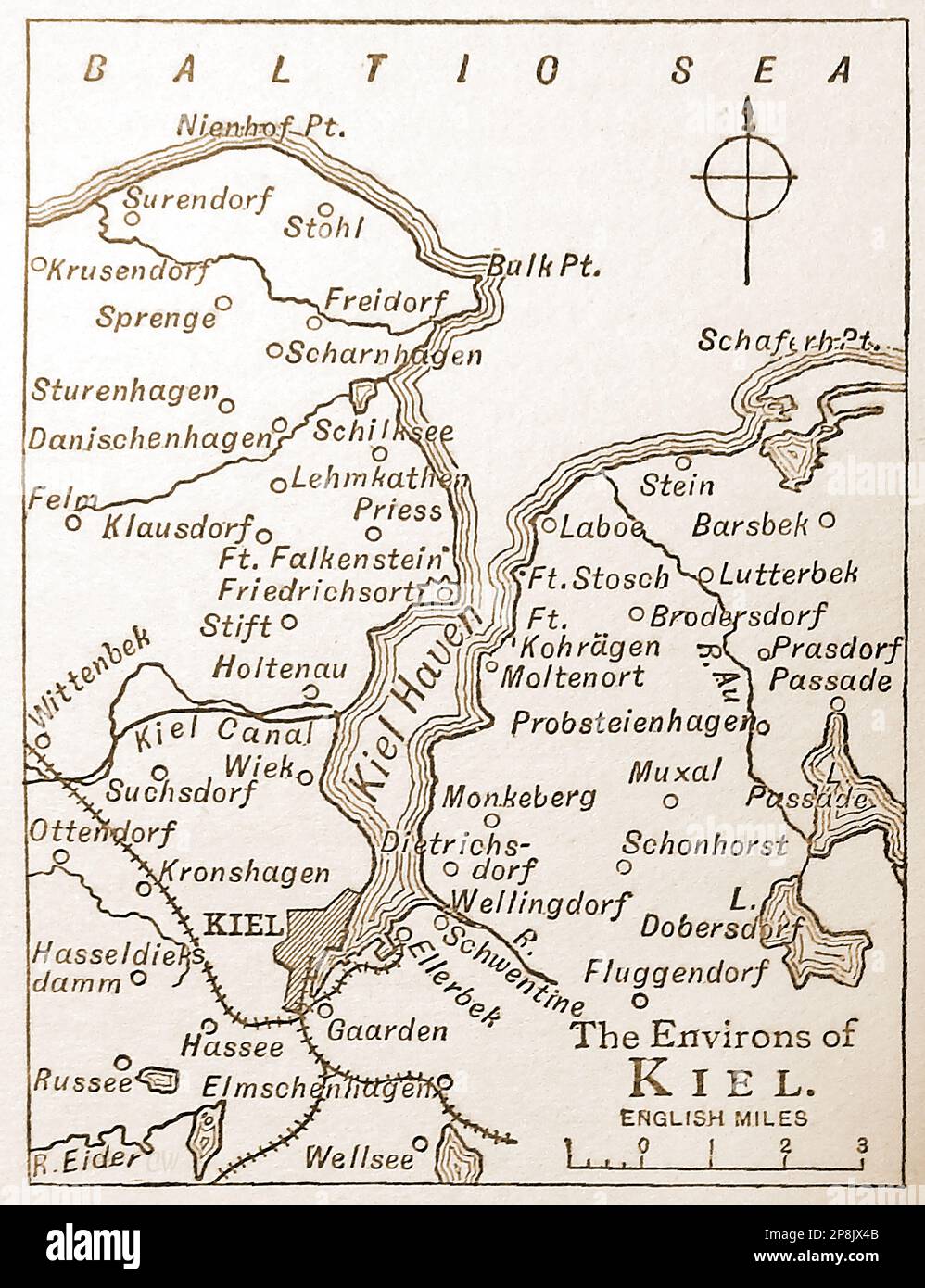 An old 19th century map of Kiel (then in Prussia now Germany)  -  Eine alte Karte aus dem 19. Jahrhundert von Kiel (damals in Preußen, jetzt Deutschland) - Stock Photo