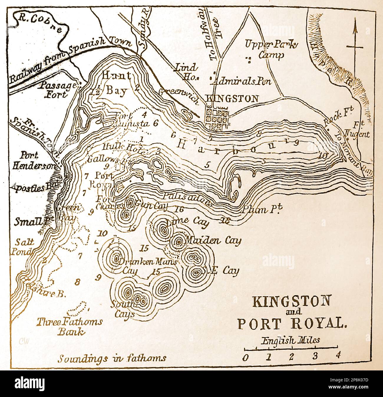 An old 19th century map of Kingston and Port Royal, Jamaica with water depths Stock Photo