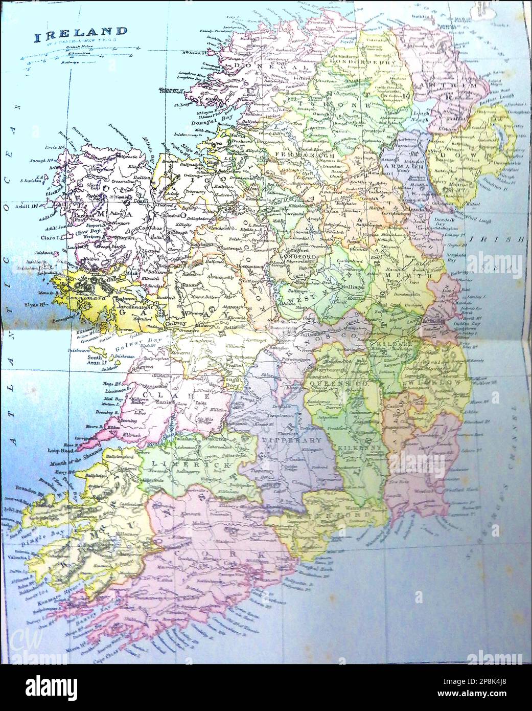 An old 19th century coloured map of Ireland Stock Photo