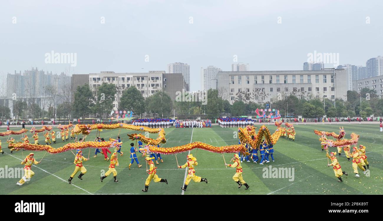 CHONGQING, CHINA - MARCH 9, 2023 - Aerial photo shows a school group dance performance during the opening ceremony of the 24th primary and middle scho Stock Photo