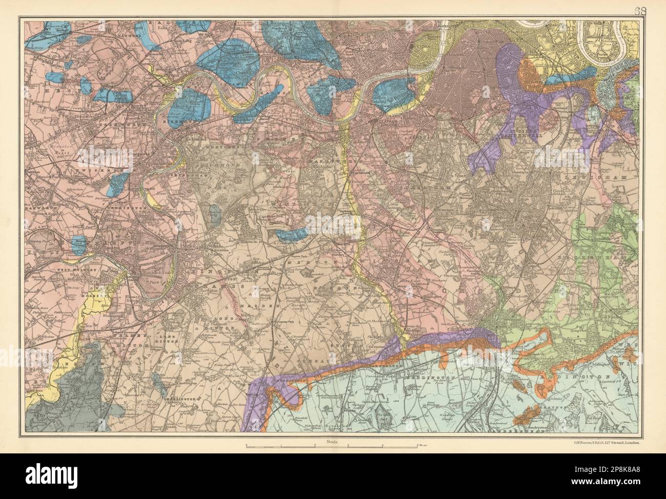 SW LONDON GEOLOGICAL K&C Fulham Surrey Richmond Wandsworth &c. BACON 1900 map Stock Photo