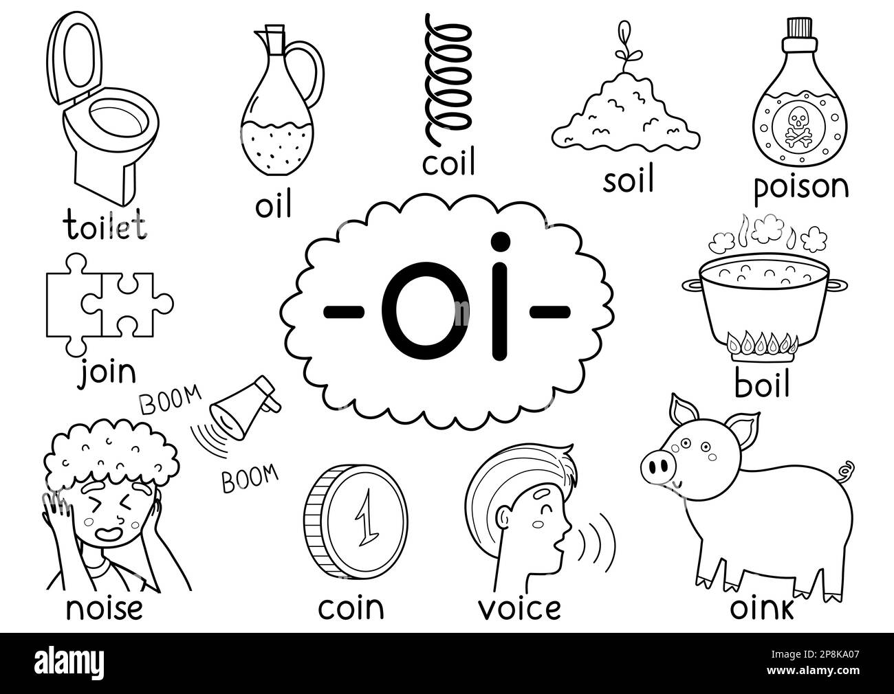 Oi digraph spelling rule black and white educational poster for kids with words Stock Vector