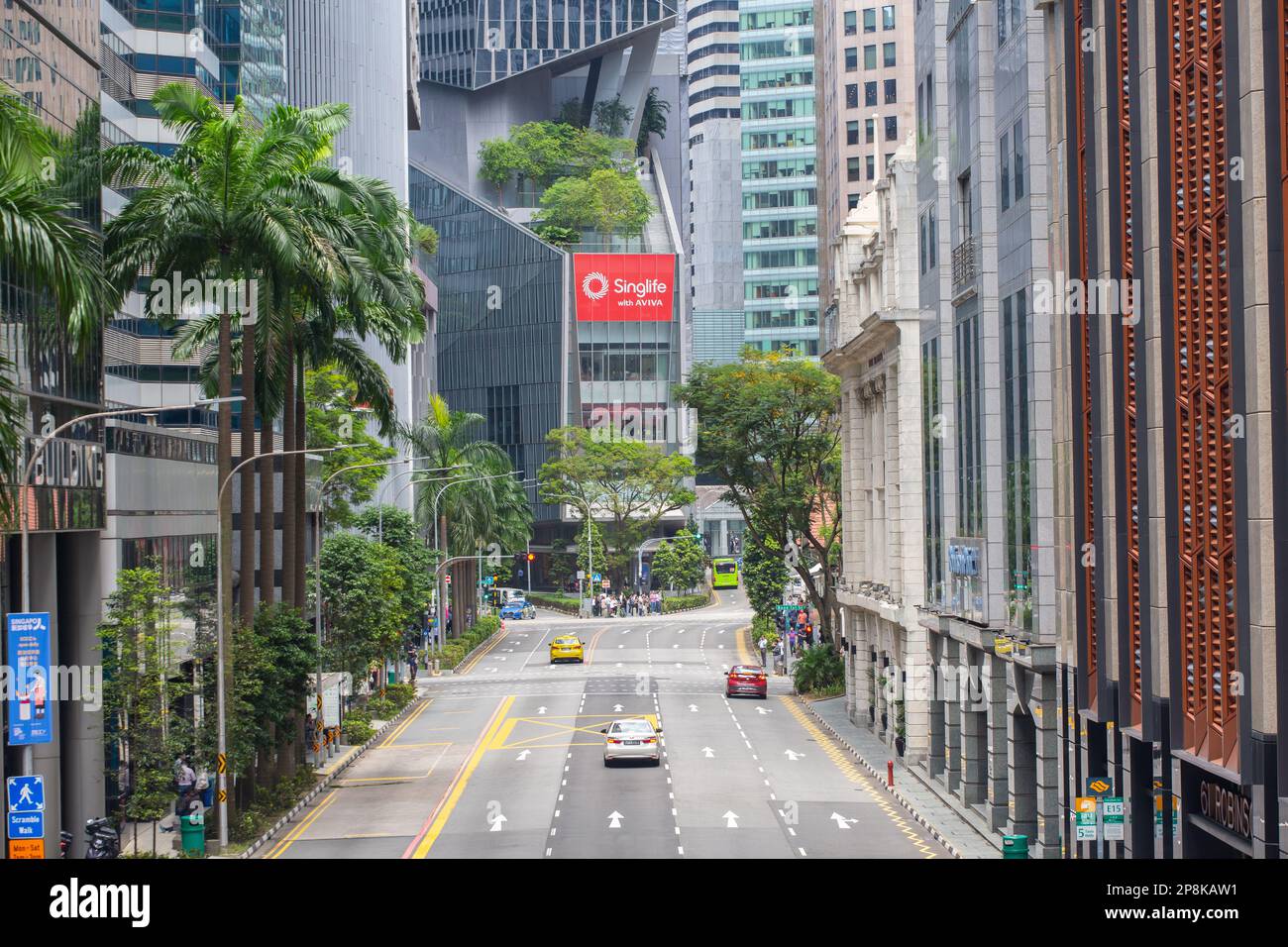 Elevated street view in Singapore Central Business District with office ...
