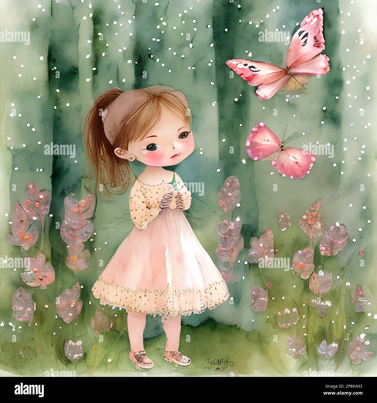 A little girl between flowers and butterflies at the woodside. Idyllic